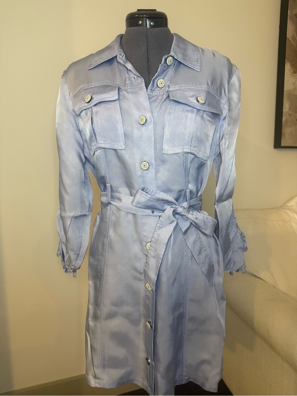 Cinq A Sept Light Blue Tie Button Up Dress 3/4 Ruched Sleeves Size 2